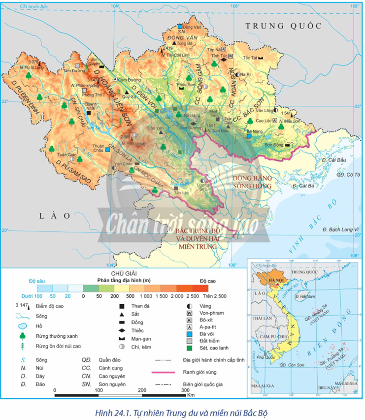 Dựa vào hình 24.1 và thông tin trong bài, hãy: - Trình bày vị trí địa lí và phạm vi lãnh thổ của vùng Trung du và miền núi Bắc Bộ. (ảnh 1)