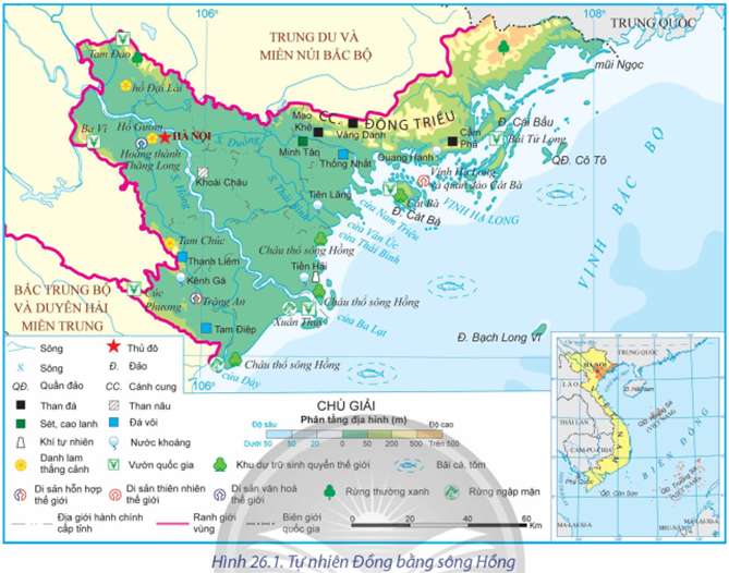 Dựa vào hình 26.1 và thông tin trong bài, hãy: - Trình bày vị trí địa lí và phạm vi lãnh thổ của Đồng bằng sông Hồng. - Nêu đặc điểm dân số của vùng. (ảnh 1)