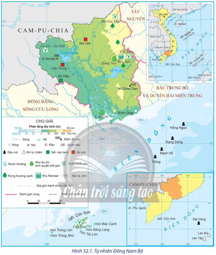 Dựa vào hình 32.1 và thông tin trong bài, hãy: - Trình bày vị trí địa lí và phạm vi lãnh thổ của Đông Nam Bộ. (ảnh 1)