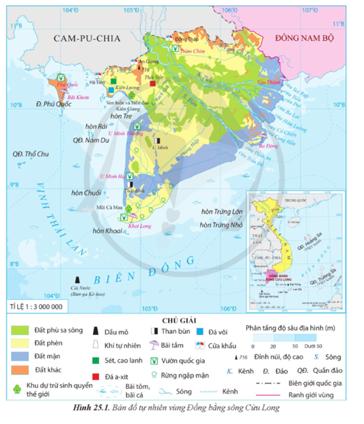 Dựa vào thông tin và hình 25.1 hãy: - Trình bày vị trí địa lí vùng Đồng bằng sông Cửu Long. - Trình bày về phạm vi lãnh thổ vùng Đồng bằng sông Cửu Long. (ảnh 1)