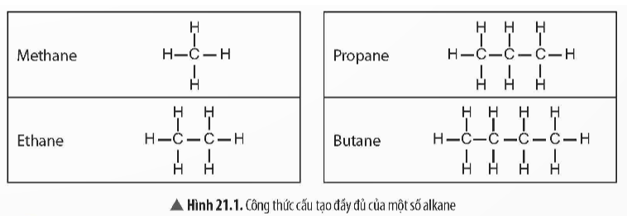 Hãy viết công thức phân tử, công thức cấu tạo thu gọn và cho biết đặc điểm cấu tạo các alkane ở Hình 21.1 (ảnh 1)