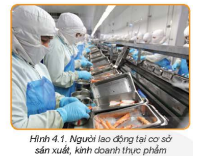 Quan sát Hình 4.1 và cho biết, người lao động đang sử dụng những trang bị bảo hộ gì trong quá trình chế biến thực phẩm?   (ảnh 1)