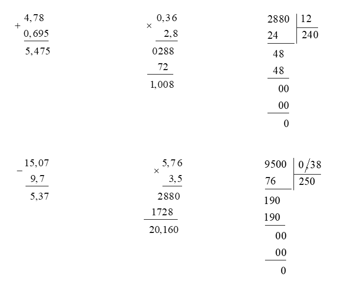 Đặt tính rồi tính 4,78 + 0,695 15,07 – 9,7 	0,36 × 2,8 5,76 × 3,5	28,8 : 0,12 95 : 0,38 (ảnh 1)