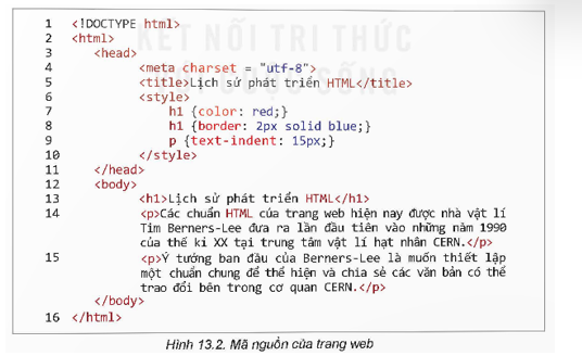 Hình 13.2 là mã nguồn của trang web trong Hình 13.1 em có nhận xét gì về cách thiết lập định dạng của trang này? (ảnh 1)