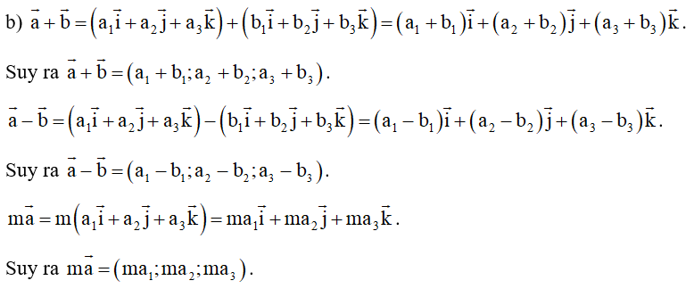 b) Biểu diễn các vectơ a+b, a-b, ma theo ba vectơ i,j,k , từ đó suy ra tọa độ của các vectơ  . (ảnh 1)