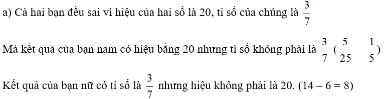 Cho bài toán: Hiệu của hai số là 20, tỉ số của chúng là 3/7 . Tìm hai số đó. a) Có hai bạn giải bài toán trên và tìm (ảnh 2)