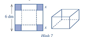 Cho một tấm nhôm có dạng hình vuông cạnh 6 dm. Bác Ánh cắt ở bốn góc bốn hình vuông có cùng độ dài cạnh bằng x (dm), (ảnh 1)