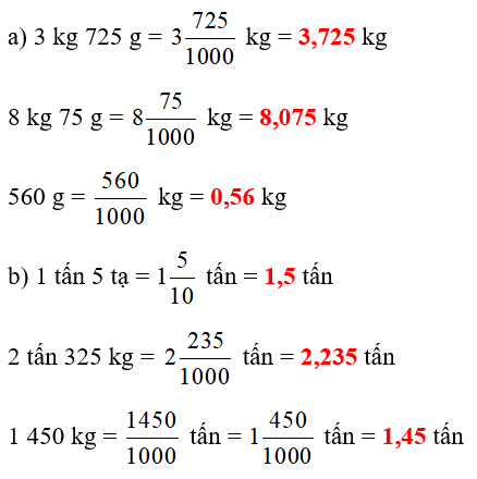 Tìm số thập phân thích hợp. a) 3 kg 725 g = ? kg	8 kg 75 g = ? kg	560 g = ? kg b) 1 tấn 5 tạ = ? tấn	2 tấn 325 kg = ? tấn	1 450 kg = ? tấn (ảnh 1)