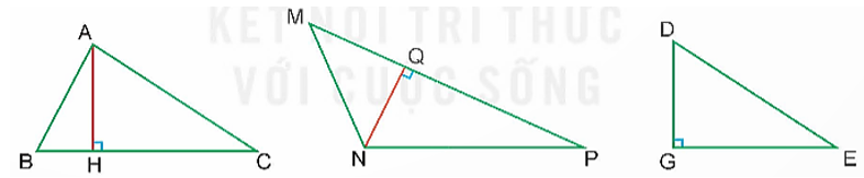 Hãy chỉ ra đáy và đường cao tương ứng trong mỗi hình tam giác dưới đây.   (ảnh 1)