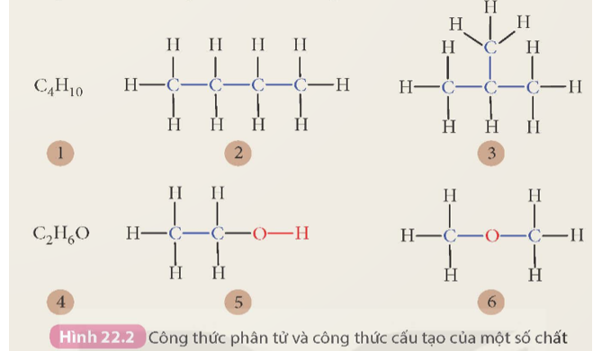 Em hãy cho biết trong các công thức từ (1) đến (6) trong Hình 22.2. công thức nào là công thức phân tử và công thức nào là công thức cấu tạo? (ảnh 1)