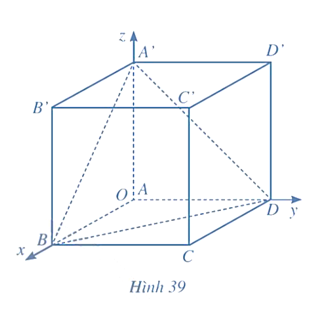 Xét hệ toạ độ Oxyz gắn với hình lập phương ABCD.A'B'C'D' như Hình 39, đơn vị của mỗi trục bằng độ dài cạnh hình lập phương. (ảnh 1)