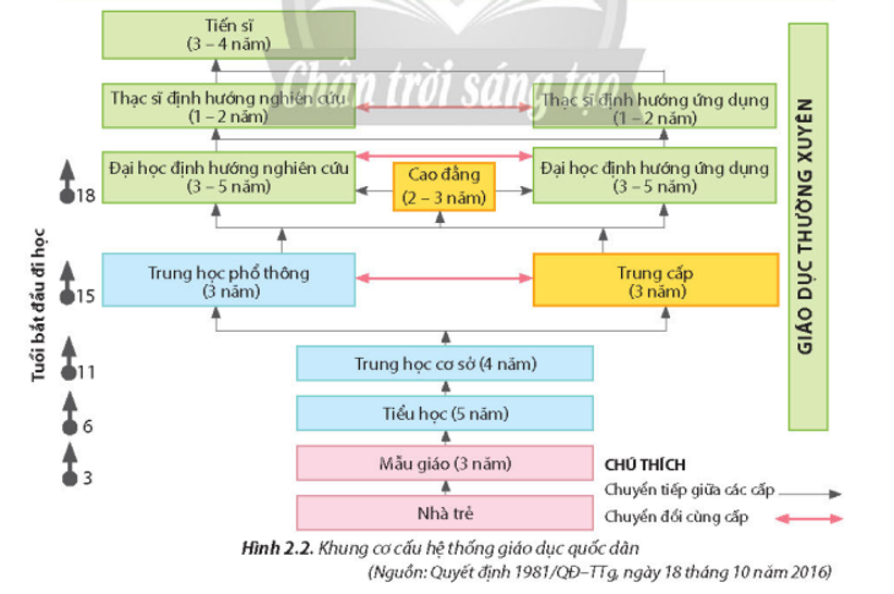 Hãy quan sát Hình 2.2 và mô tả các cấp học, trình độ đào tạo của hệ thống giáo dục Việt Nam.   (ảnh 1)