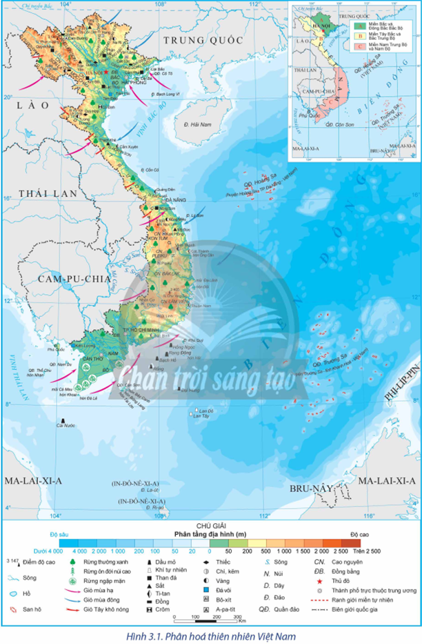 Dựa vào hình 3.1 và thông tin trong bài, hãy cho biết thiên nhiên Việt Nam có sự phân hóa như thế nào theo chiều Đông – Tây. Lấy ví dụ cụ thể. (ảnh 1)