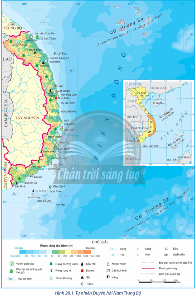 Dựa vào hình 28.1 và thông tin trong bài, hãy: - Kể tên một số tài nguyên biển (bãi cá, tôm; vịnh, đảo; khoáng sản;…) của Duyên hải Nam Trung Bộ. (ảnh 1)