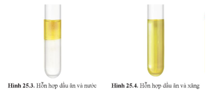 Quan sát các hình 25.3 và 25.4, nêu nhận xét về khả năng hòa tan của chất béo trong nước, xăng.   (ảnh 1)