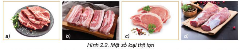Kết hợp nội dung đã học và hiểu biết cá nhân, hãy phân biệt các loại thịt lợn trong Hình 2.2 dưới  đây và nêu cách lựa chọn thịt lợn tươi ngon. (ảnh 1)
