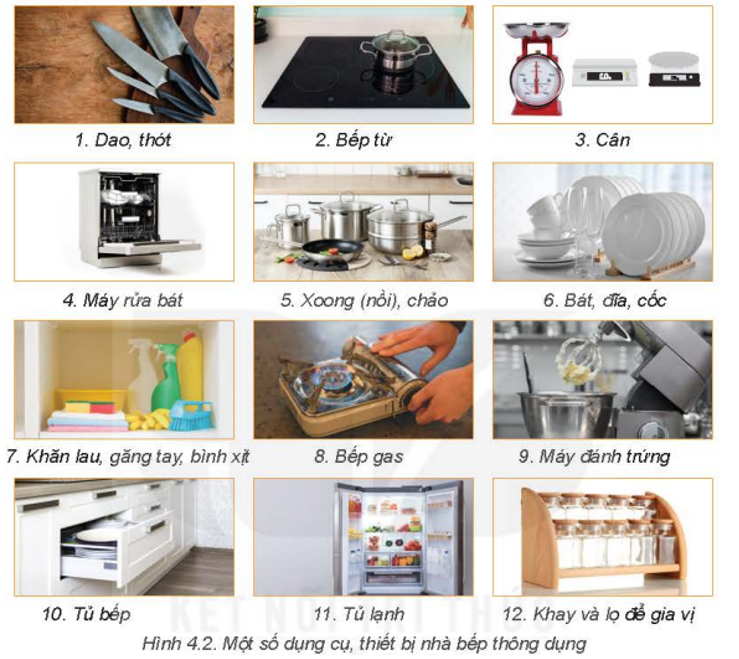 Quan sát Hình 4.2 về các dụng cụ, thiết bị nhà bếp dưới đây, hãy sắp xếp các dụng cụ thiết bị đó vào từng nhóm theo chức năng trong quá trình sử dụng.   (ảnh 1)