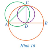 Trong Hình 16, có ba đường tròn với các đường kính lần lượt là AB, AC, CD. Hãy sắp xếp độ dài ba đoạn thẳng AB, AC, CD theo thứ tự tăng dần  (ảnh 1)