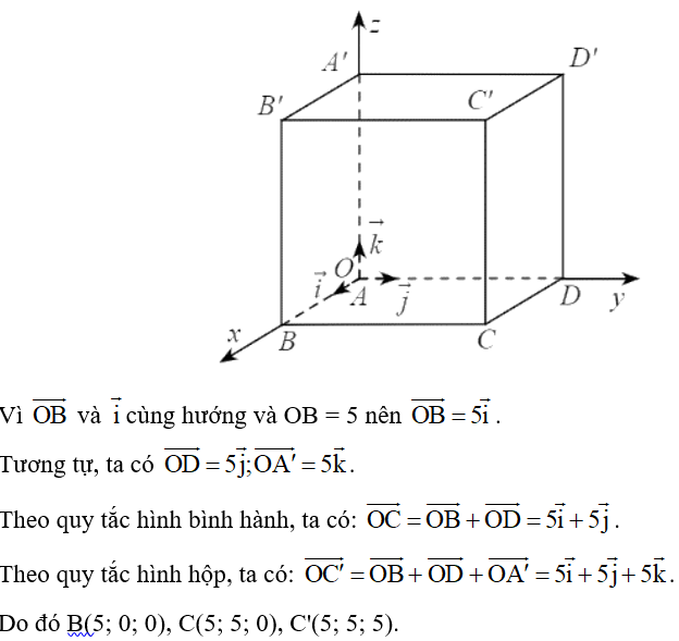 Cho hình lập phương ABCD.A'B'C'D' có cạnh bằng 5. Chọn hệ trục tọa độ Oxyz có gốc O trùng với A; các điểm B, D, A (ảnh 1)