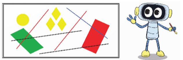 Rô-bốt đã vẽ một bức tranh như hình dưới đây   a) Em hãy chỉ ra các cặp đường thẳng song song, các cặp đường thẳng vuông góc. (ảnh 1)