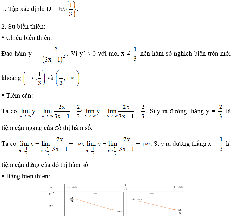 Khảo sát và vẽ đồ thị của các hàm số sau: b) y = 2x/ 3x -1 (ảnh 1)