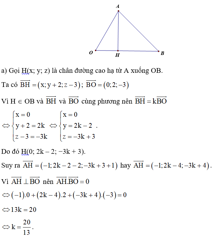 Cho hai điểm A(1; 2; −1), B(0; −2; 3). a) Tính độ dài đường cao AH hạ từ đỉnh A của tam giác OAB với O là gốc tọa độ. b) Tính diện tích tam giác OAB. (ảnh 2)