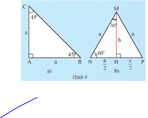 a) Cho tam giác ABC vuông cân tại A có cạnh góc vuông bằng a (Hình 6a). Tính độ dài cạnh huyền BC theo a, rồi tính các tỉ số lượng giác của góc 45°. (ảnh 1)