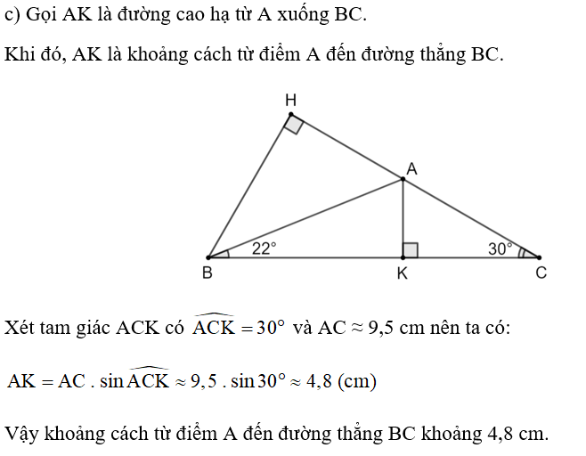 c) Tính khoảng cách từ điểm A đến đường thẳng BC. (ảnh 1)