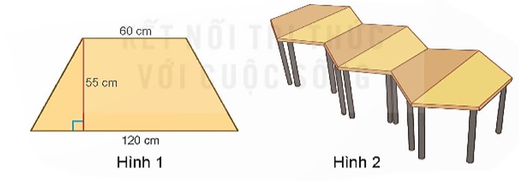 Dùng 6 cái bàn giống nhau với mặt bàn hình thang có kích thước như hình 1 để ghép thành một bàn đa năng như hình 2. Tính diện tích mặt bàn đa năng.   (ảnh 1)
