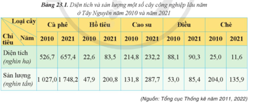 Dựa vào bảng 23.1, hãy vẽ biểu đồ cột nhóm thể hiện diện tích một số cây công nghiệp lâu năm ở vùng Tây Nguyên năm 2010 và năm 2021. Rút ra nhận xét. (ảnh 1)