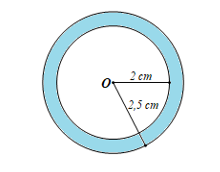 Tính diện tích của hình vành khuyên đó giới hạn bởi hai đường tròn cùng tâm và có bán kính lần lượt là 2,5 cm; 2 cm.  (ảnh 1)