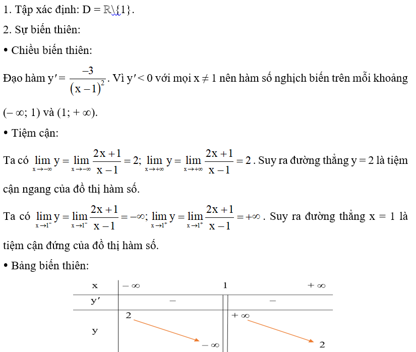 Cho hàm số y= 2x +1/ x-1 .  a) Khảo sát và vẽ đồ thị của hàm số. (ảnh 1)