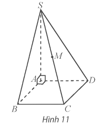 Cho hình chóp S.ABCD có đáy là hình vuông cạnh bằng 2, SA vuông góc với mặt phẳng đáy và có độ dài bằng 3 (Hình 11). (ảnh 1)