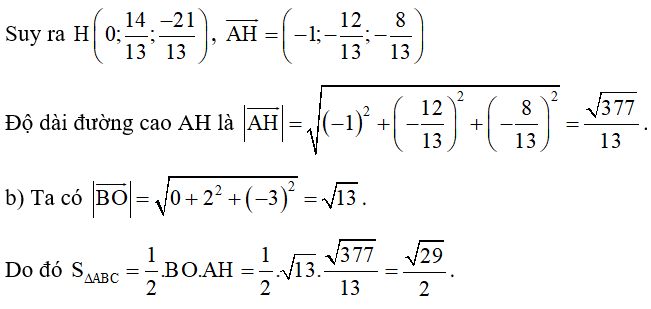 Cho hai điểm A(1; 2; −1), B(0; −2; 3). a) Tính độ dài đường cao AH hạ từ đỉnh A của tam giác OAB với O là gốc tọa độ. b) Tính diện tích tam giác OAB. (ảnh 3)