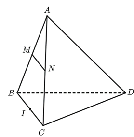 Cho tứ diện đều ABCD. Gọi M, N lần lượt là trung điểm các cạnh AB, AC. Hãy tính góc giữa hai vectơ  MN, BD . (ảnh 1)