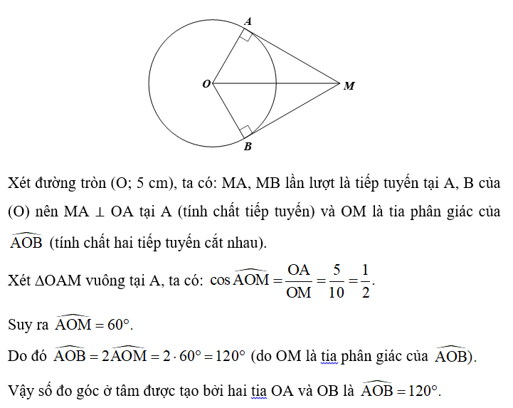 Cho đường tròn (O; 5 cm) và điểm M sao cho OM = 10 cm. Qua M vẽ hai tiếp (ảnh 1)