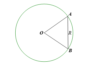 Cho đường tròn (O; R) và dây AB = R. Tính số đo góc AOB. (ảnh 1)