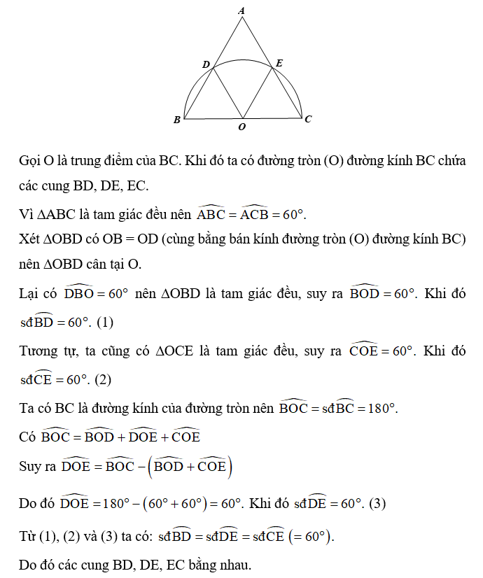 Cho tam giác đều ABC. Vẽ nửa đường tròn đường kính BC cắt cạnh AB và AC (ảnh 1)