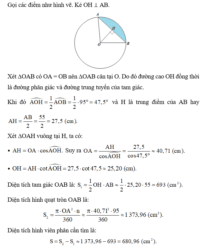 Tính diện tích hình viên phân giới hạn bởi dây cung có độ dài là 55 cm và cung có số đo là 95° (Hình 12). (ảnh 2)