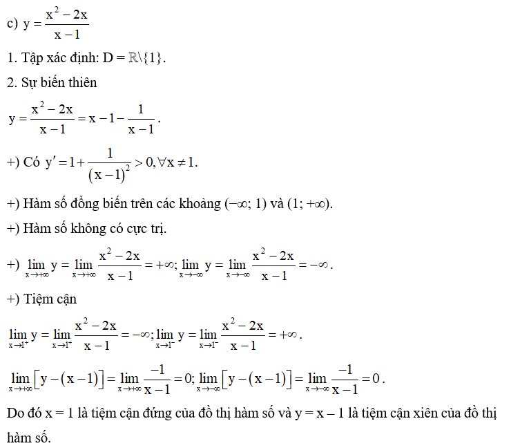 Khảo sát sự biến thiên và vẽ đồ thị của các hàm số sau: c) y= x^2 - 2x / x-1 . (ảnh 1)