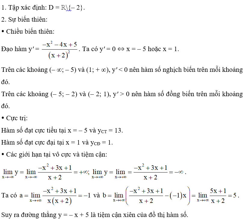 Cho hàm số y = -x^2 +3x +1/ x+2.  a) Khảo sát và vẽ đồ thị của hàm số đã cho. (ảnh 1)