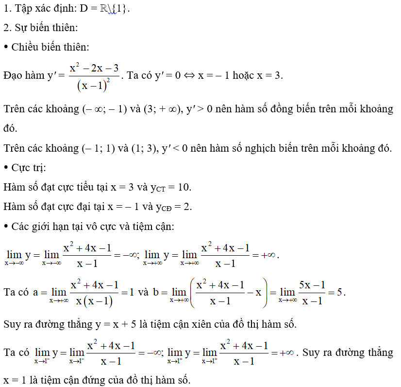 Cho hàm số y= x^2 +4x -1/ x-1  . a) Khảo sát và vẽ đồ thị của hàm số. (ảnh 1)