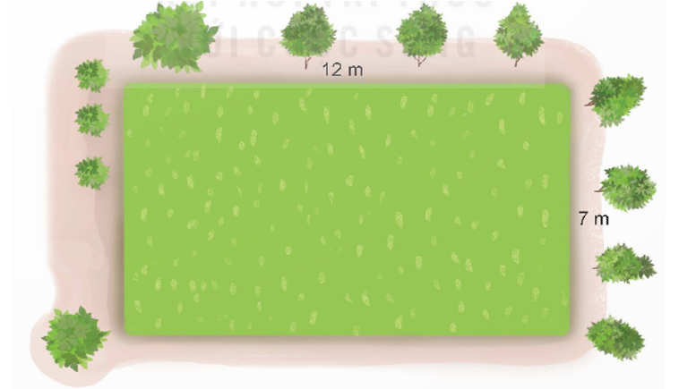 Dì Sáu có một mảnh đất dạng hình chữ nhật có chiều dài 12 m, chiều rộng 7 m. Dì chia đều mảnh đất thành 7 ô đất để xây các phòng trọ (ảnh 1)