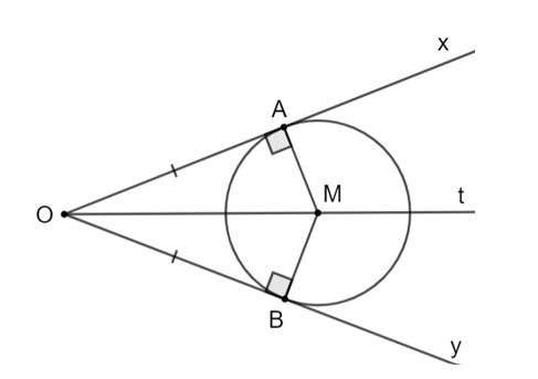 Cho góc xOy với đường phân giác Ot và điểm A trên cạnh Ox, điểm B trên cạnh (ảnh 1)