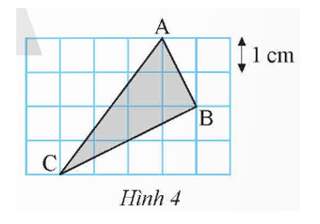Tam giác ABC được vẽ trên lưới ô vuông như Hình 4. Tính diện tích và chu vi của tam giác ABC. (ảnh 1)