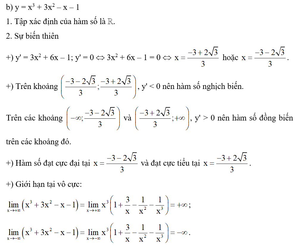 Khảo sát sự biến thiên và vẽ đồ thị của các hàm số sau:  b) y = x3 + 3x2 – x – 1. (ảnh 1)