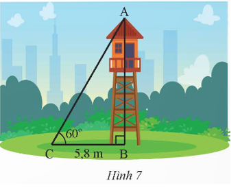 Tìm chiều cao của tháp canh trong Hình 7 (kết quả làm tròn đến hàng phần trăm).   (ảnh 1)