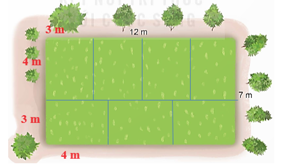 b) Hãy tìm cách chia mảnh đất nhà dì Sáu thành 7 ô đất hình chữ nhật, mỗi ô có chiều dài 4 m, chiều rộng 3 m. (ảnh 1)