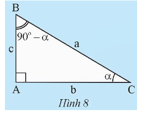 a) Tính các tỉ số lượng giác của góc α và của góc 90° – α trong Hình 8 theo a, b, c.   (ảnh 1)