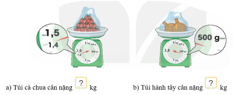 Số?   a) Túi cà chua cân nặng   kg	b) Túi hành tây cân nặng   kg (ảnh 1)